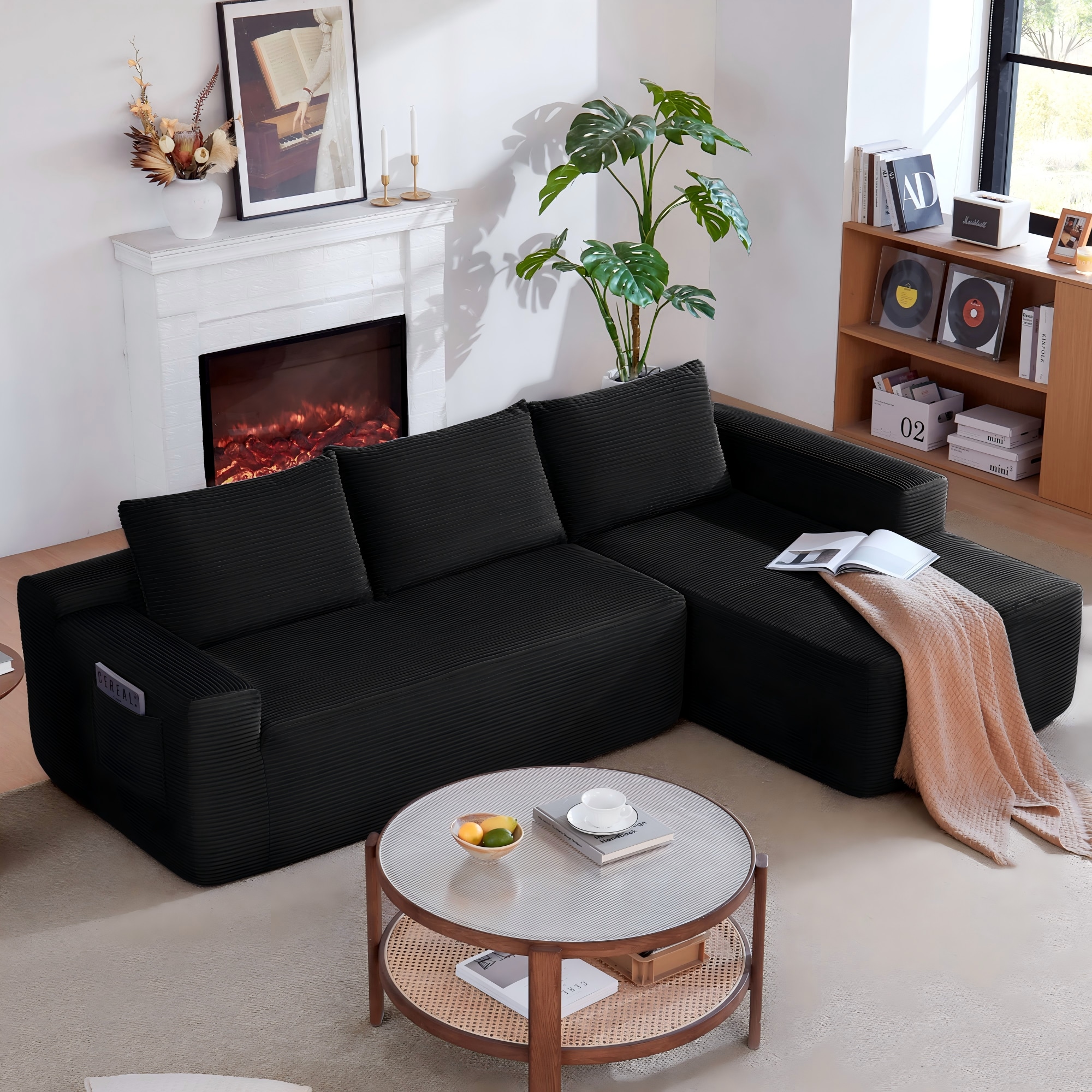 96.9" Cloud Sectional Couch With L-Shape Chaise,Modern Modular Sofa With Deep Seat, Upholstered Couches For Living Room Bedroom,No Assembly Required, (Corduroy Fabric),Black ,RIGHT_voghion.com